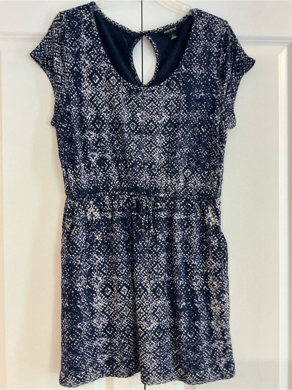 Women's Navy Printed Short Sleeve Tie-Waist Dress